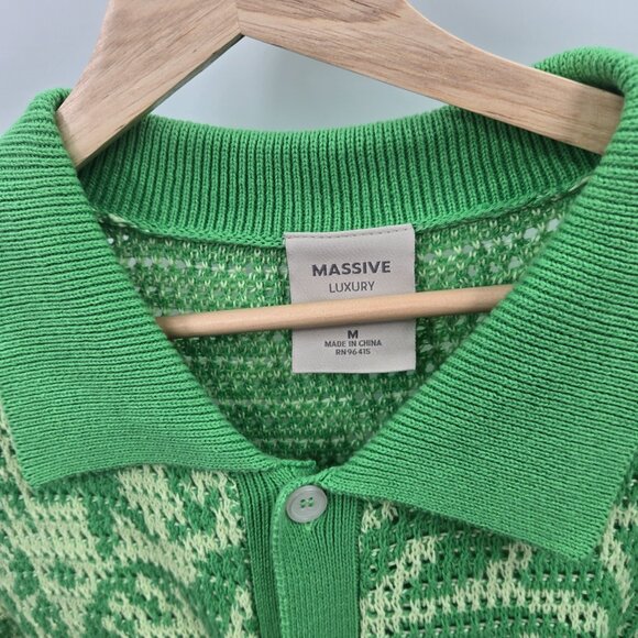 Massive Luxury Green Open Knit Crochet Polo Button Front Short Sleeved Top - Picture 4 of 14